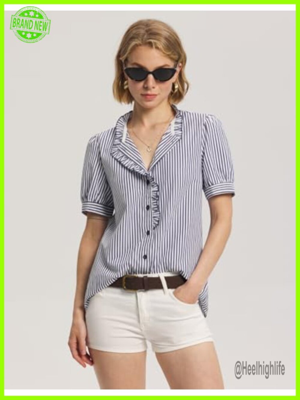 Puff Short Sleeve Ruffle Button Down Shirt for Women Office Work Blouse - Picture 3 of 6